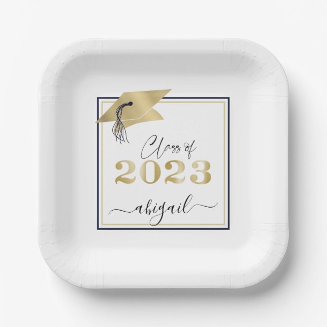 Graduation Cap Metallic Gold Script Class of 2023 Paper Plate (Front)