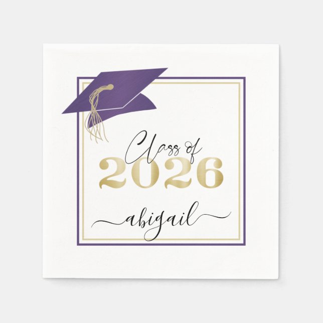 Graduation Cap Metallic Purple Class of 2026 Napkin (Front)