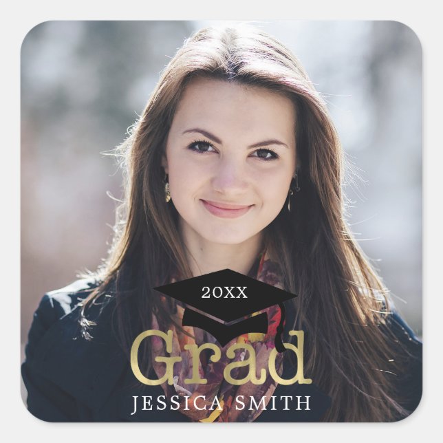Graduation Cap Modern Photo Square Sticker (Front)