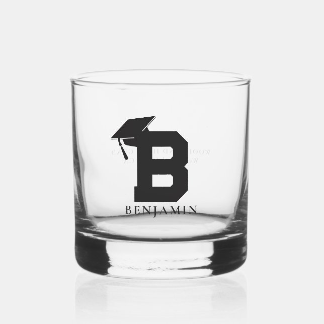 Graduation Cap Monogram Minimalist Custom Gift Whiskey Glass (Front)