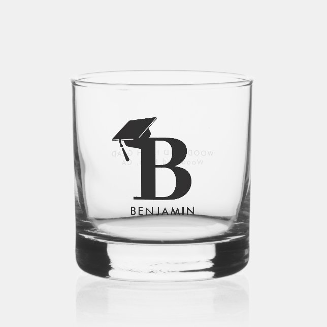 Graduation Cap Monogram Minimalist Modern Gift Whiskey Glass (Front)