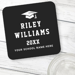 Graduation cap name college sports font black square paper coaster