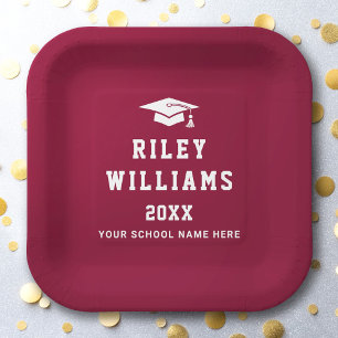 Graduation cap name college sports font burgundy paper plate