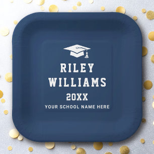 Graduation cap name college sports font dark blue paper plate