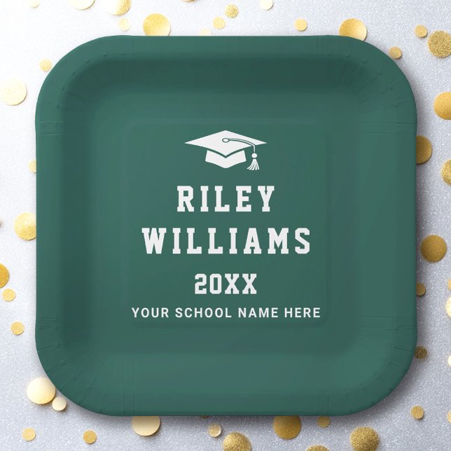 Graduation cap name college sports font dark green paper plate (Graduation cap name college sports font dark green paper plates)
