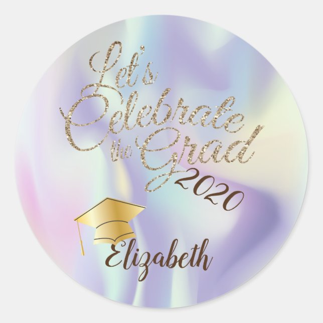 Graduation Cap,Name,Holographic Classic Round Sticker (Front)