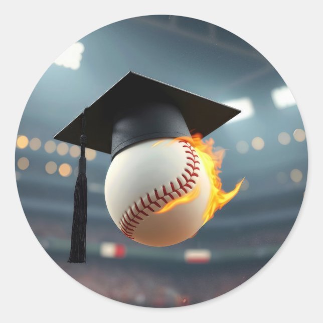 Graduation Cap On a Flaming Baseball Classic Round Sticker (Front)