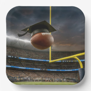 Graduation Cap on a Football in a Stadium Paper Plate