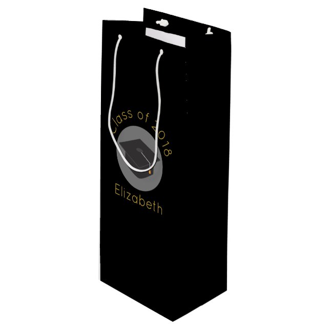 Graduation Cap on Black Class of 20xx Custom Wine Gift Bag (Front Angled)