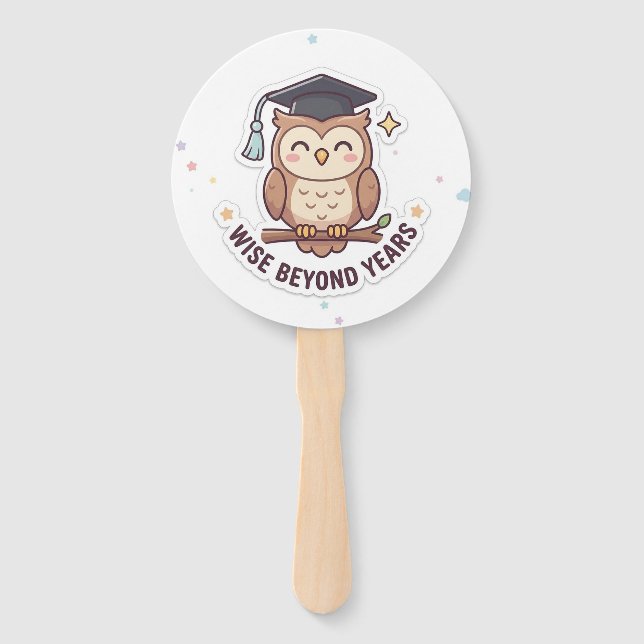 Graduation Cap Owl Wise Beyond Years" Illustration Hand Fan (Front)