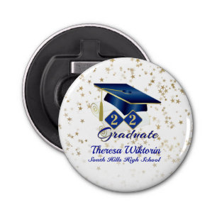 Graduation Cap Party Blue Gold Personalised Bottle Opener