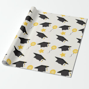 Graduation Cap Pattern Balloons Stars Yellow Black Wrapping Paper