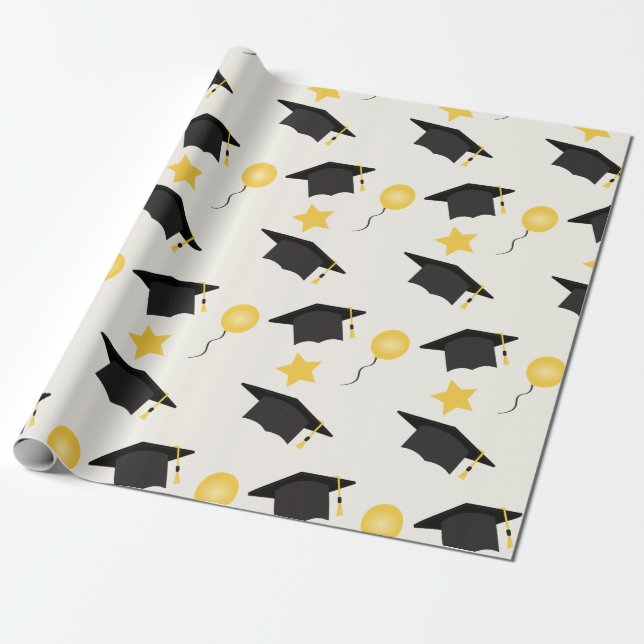 Graduation Cap Pattern Balloons Stars Yellow Black Wrapping Paper (Unrolled)