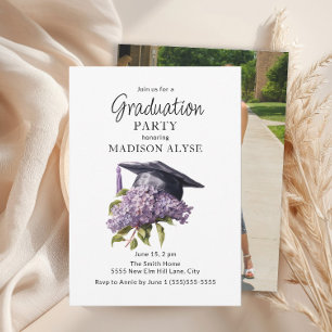 Graduation Cap Purple Floral Photo Graduation Invitation