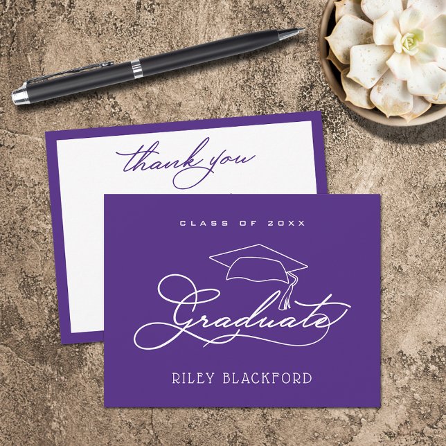 Graduation Cap Purple Thank You Card (Graduation Cap Flat Purple Thank You Note Cards)