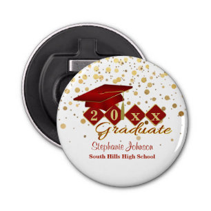 Graduation Cap Red Gold Confetti Personalised Bottle Opener