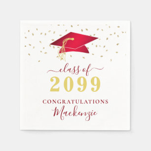 Graduation Cap Red Gold Confetti Script Napkin