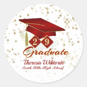 Graduation Cap Red Gold Stars Personalised Classic Round Sticker