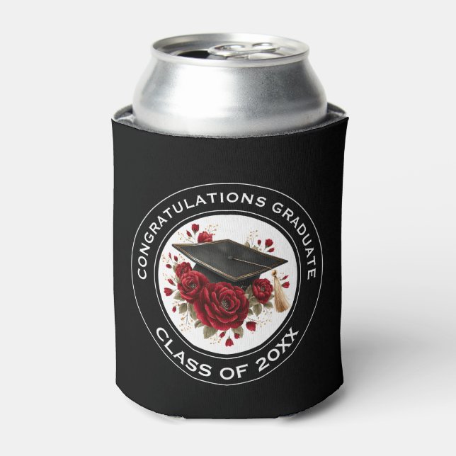 Graduation Cap & Red Roses Class of 20XX  Can Cooler (Can Front)