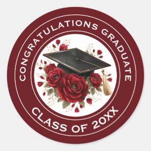 Graduation Cap & Red Roses Class of 20XX  Classic Round Sticker