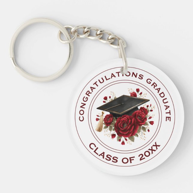 Graduation Cap & Red Roses Class of 20XX  Key Ring (Front)