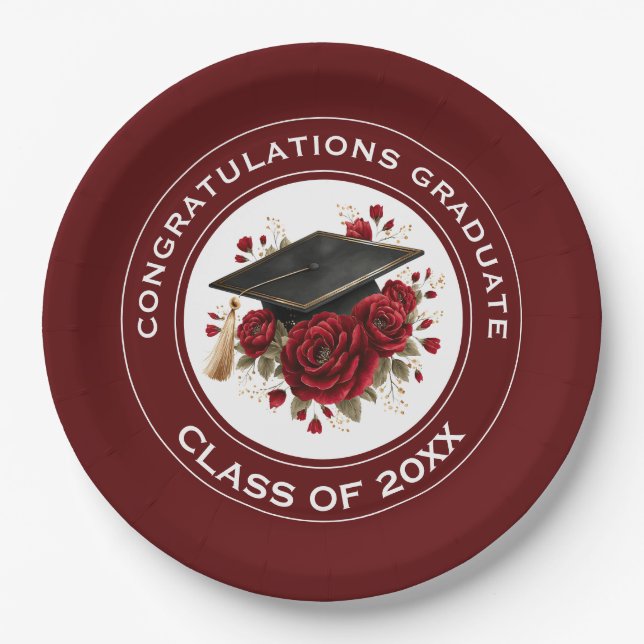 Graduation Cap & Red Roses Class of 20XX  Paper Plate (Front)