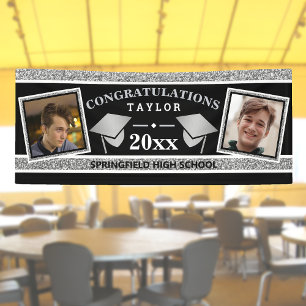 Graduation Cap Silver And Black Congratulations Banner