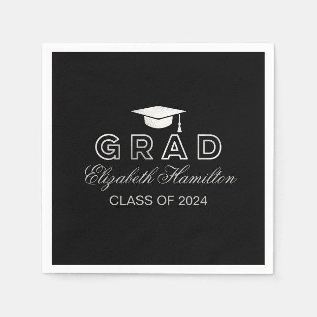 Graduation Cap Silver & Black Elegant Grad Party Napkin (Front)