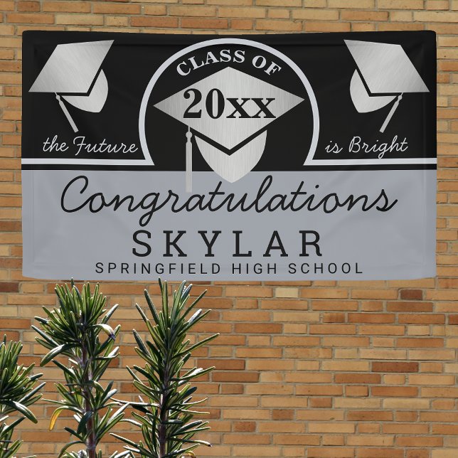 Graduation Cap Silver Fun Congratulations Party Banner (Creator Uploaded)