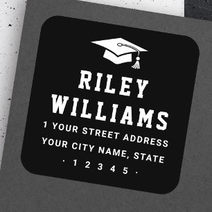 Graduation cap sports font black return address square sticker