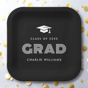 Graduation cap Student Grad name class black Paper Plate