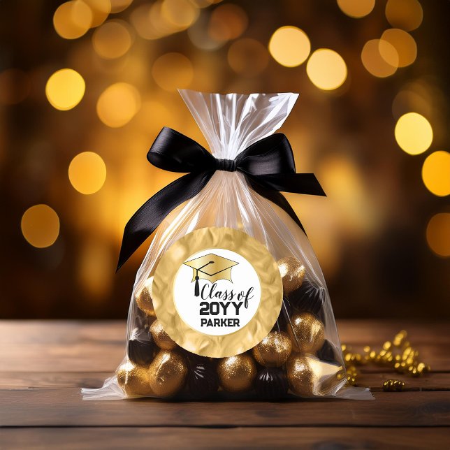 Graduation Cap - Tassel Black Gold Class Year Classic Round Sticker (Graduation Cap and Tassel Black and Gold Tone Class Year and Name Classic Round Sticker)