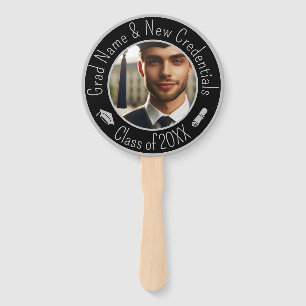 Graduation Cap, Tassel, Diploma Silver Black Photo Hand Fan