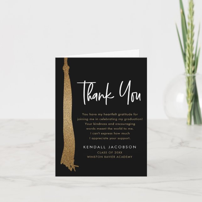 Graduation Cap Tassel Gold Black Modern Thank You Card (Front)