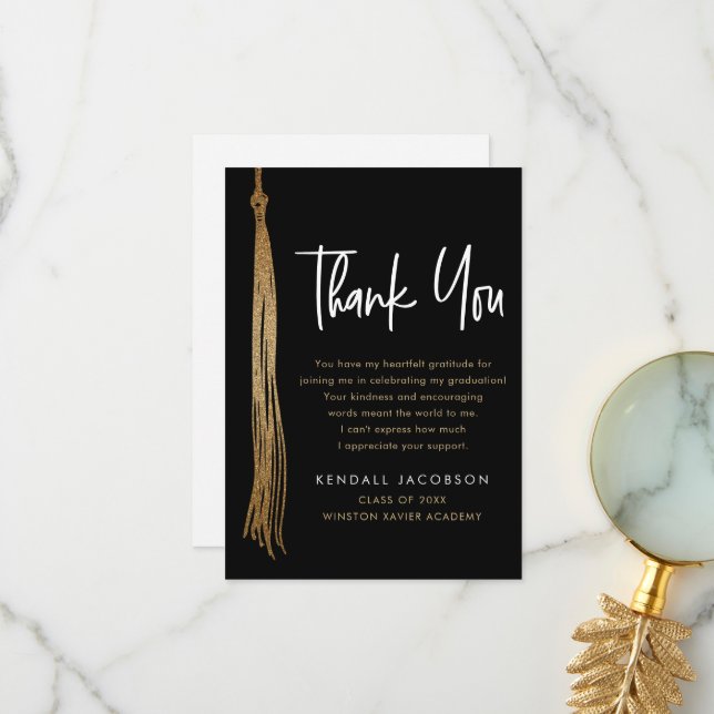 Graduation Cap Tassel Gold Black Modern Thank You Card (Front/Back In Situ)