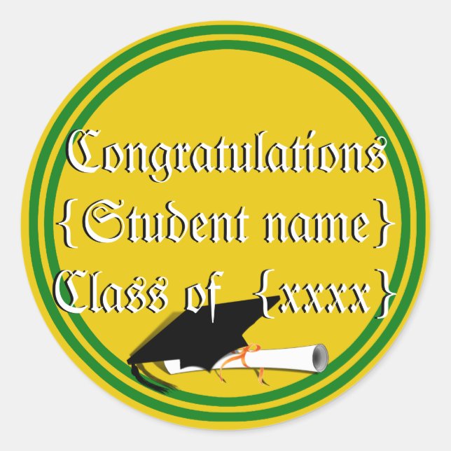 Graduation Cap Tilt School Colours Green And Gold Classic Round Sticker (Front)