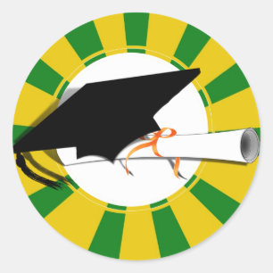 Graduation Cap Tilt w/Diploma - Gold &  Green Classic Round Sticker