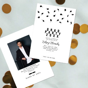 Graduation Cap Toss Black & White Grad Party Invitation
