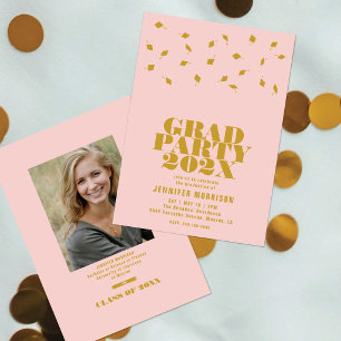 Graduation Cap Toss Blush & Gold Grad Party Invitation
