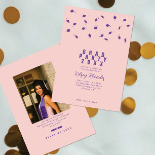 Graduation Cap Toss Blush Pink & Purple Grad Party Invitation