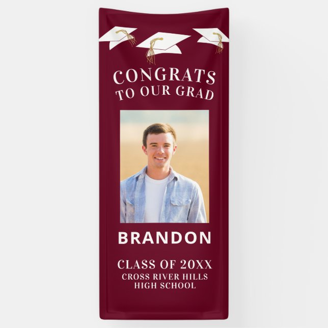 Graduation Cap Toss CONGRATS GRAD Photo Maroon Banner (Vertical)