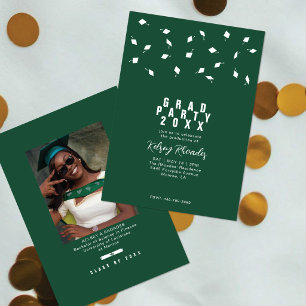 Graduation Cap Toss Green & White Grad Party Invitation