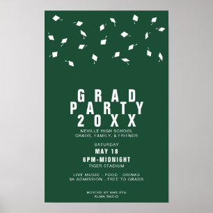 Graduation Cap Toss Green & White Grad Party Poster