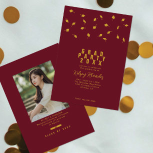 Graduation Cap Toss Maroon & Gold Grad Party Invitation