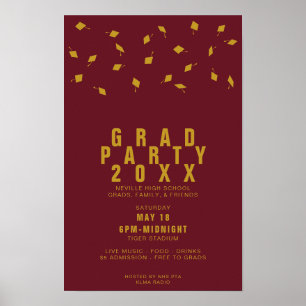 Graduation Cap Toss Maroon & Gold Grad Party Poster