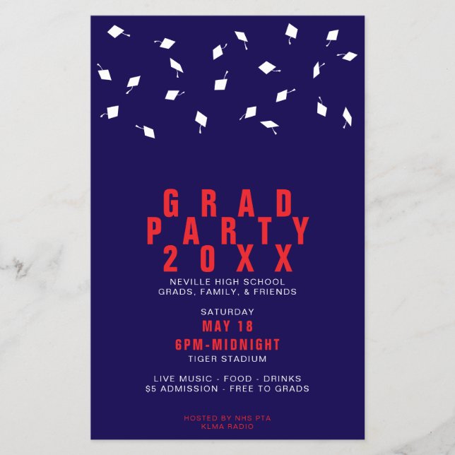 Graduation Cap Toss Red & Navy Grad Party Flyer (Front)