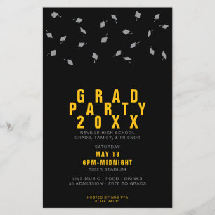 Graduation Cap Toss Silver & Gold Grad Party Flyer