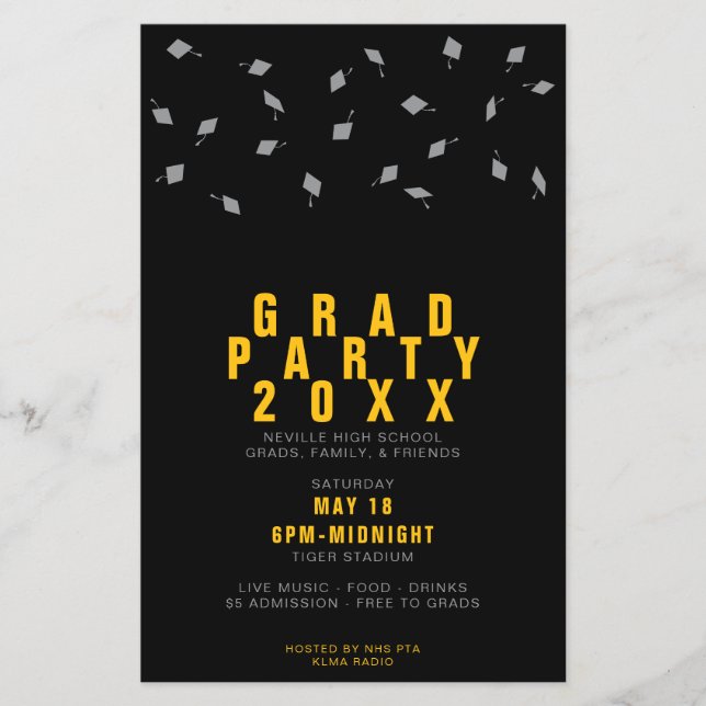 Graduation Cap Toss Silver & Gold Grad Party Flyer (Front)