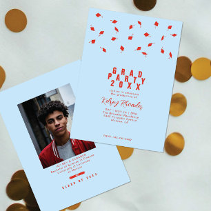 Graduation Cap Toss Sky Blue & Red Grad Party Invitation