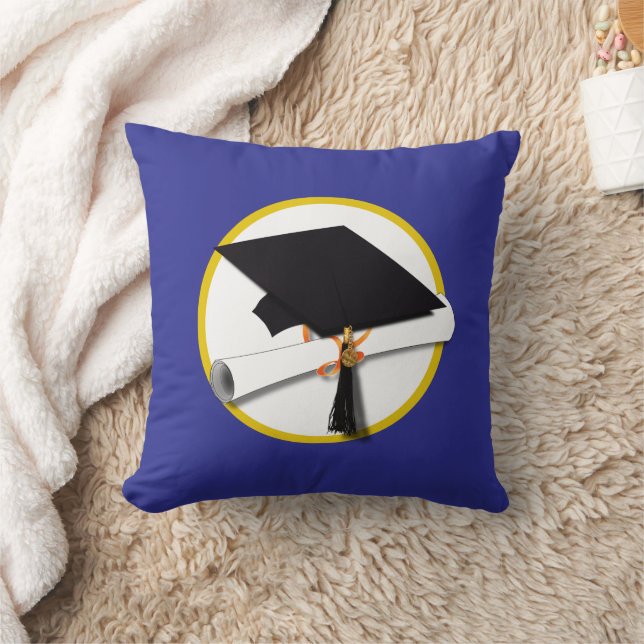 Graduation Cap w/Diploma - Dark Blue Background Cushion (Blanket)